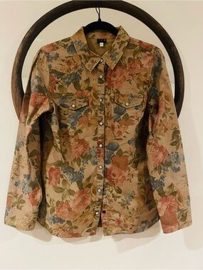 Floral Western Snap-Front Button Shirt in Beige, Pink & Blue